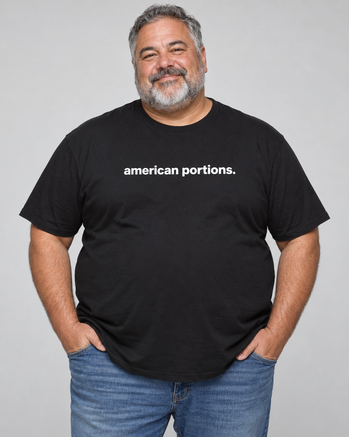 AI-generated model wearing a shirt reading american portions.