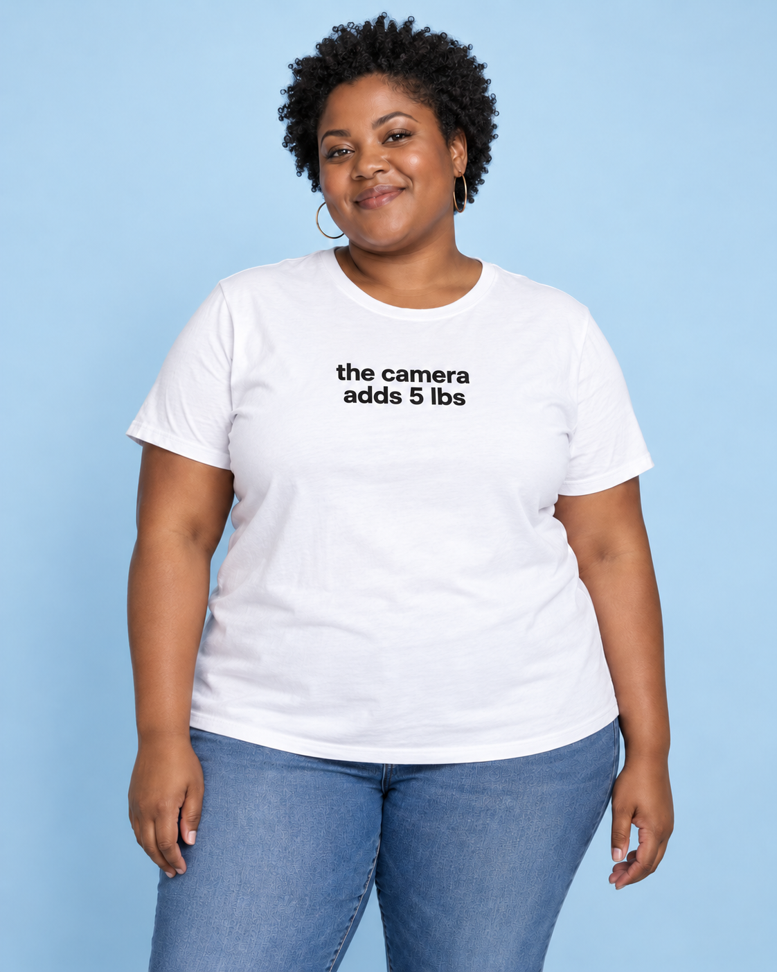 AI-generated model wearing a shirt reading the camera adds 5 lbs