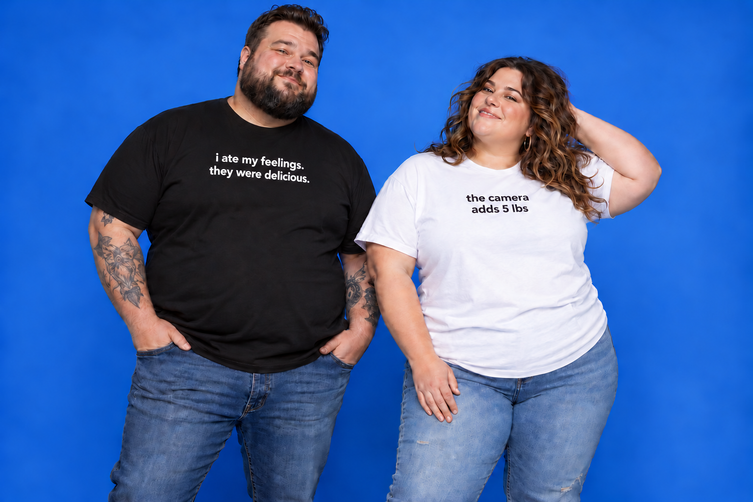 Two AI-generated models wearing i ate my feelings. they were delicious. and the camera adds 5 lbs shirts