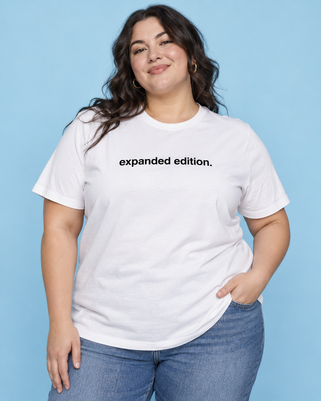 AI-generated model wearing a shirt reading expanded edition.