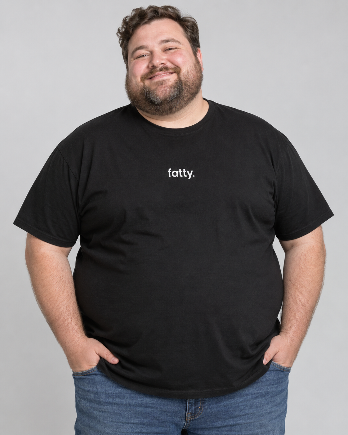 AI-generated model wearing a shirt reading fatty.