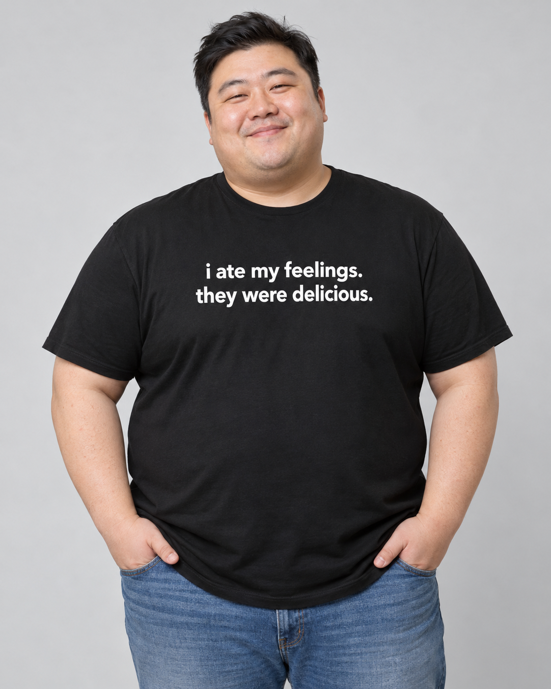 AI-generated model wearing a shirt reading i ate my feelings. they were delicious.