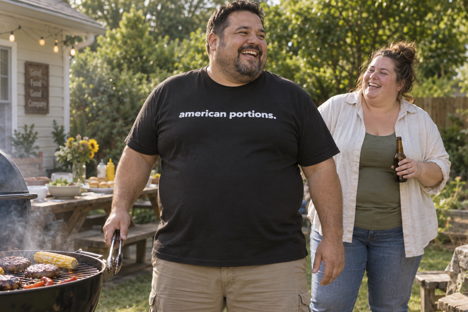 AI-generated lifestyle scene of a plus-size man at a backyard BBQ wearing the american portions. shirt.