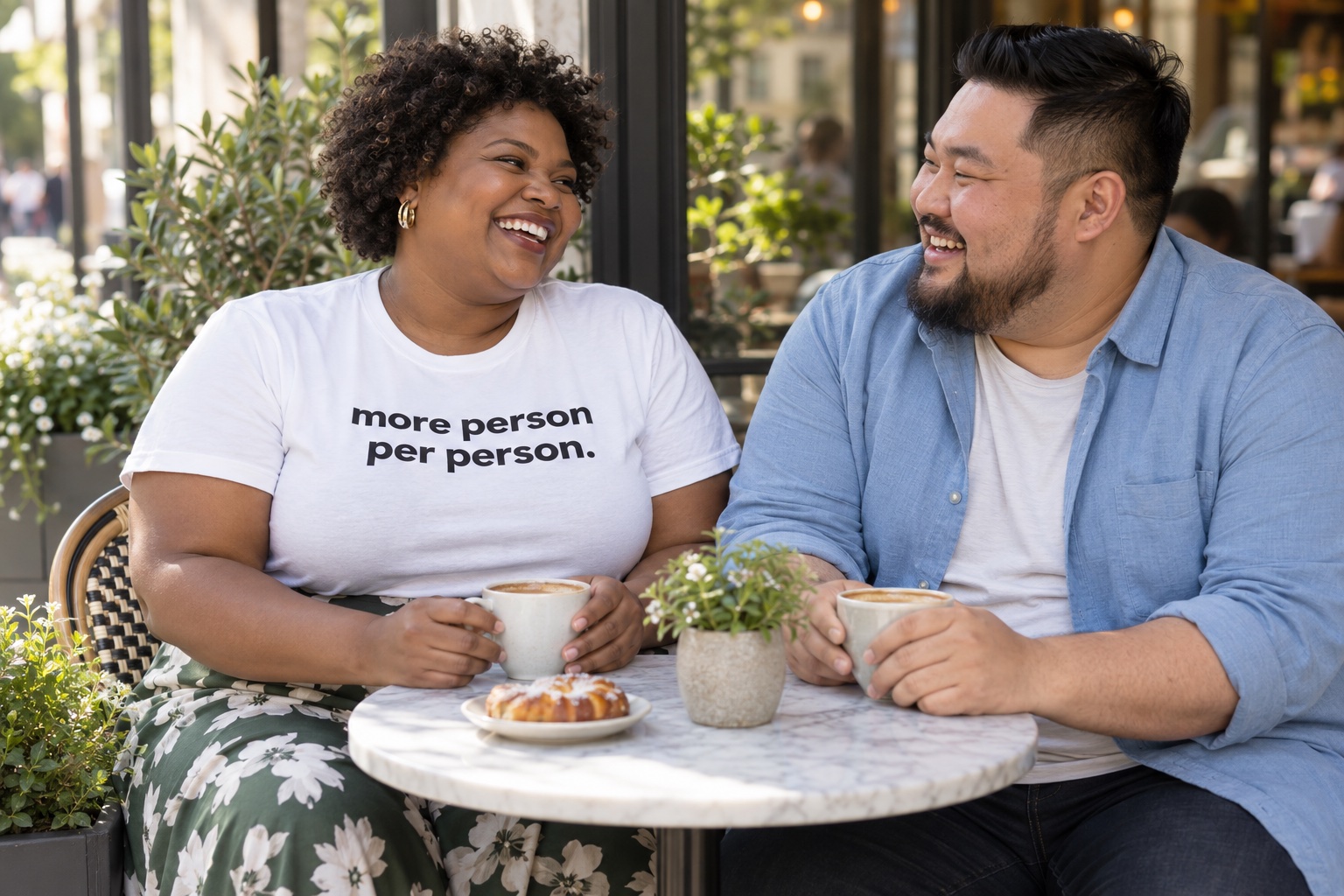 AI-generated lifestyle scene of plus-size friends at an outdoor café, with a woman wearing the more person per person. shirt.
