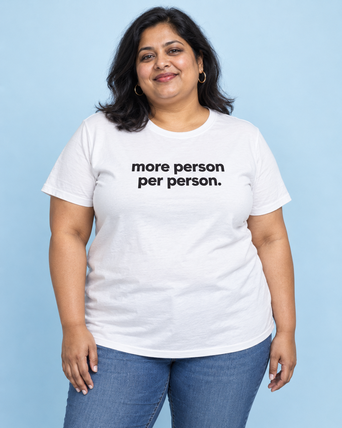 AI-generated model wearing a shirt reading more person per person.